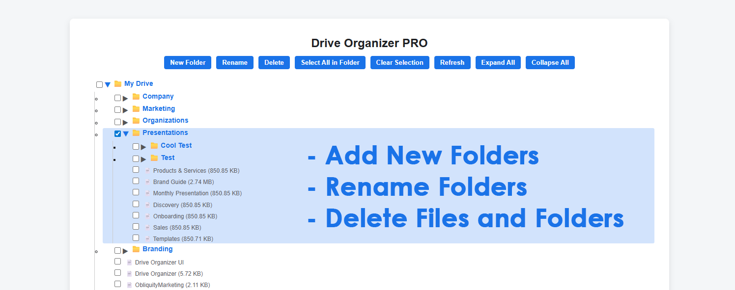 Toolbar actions for new folder, rename, and delete