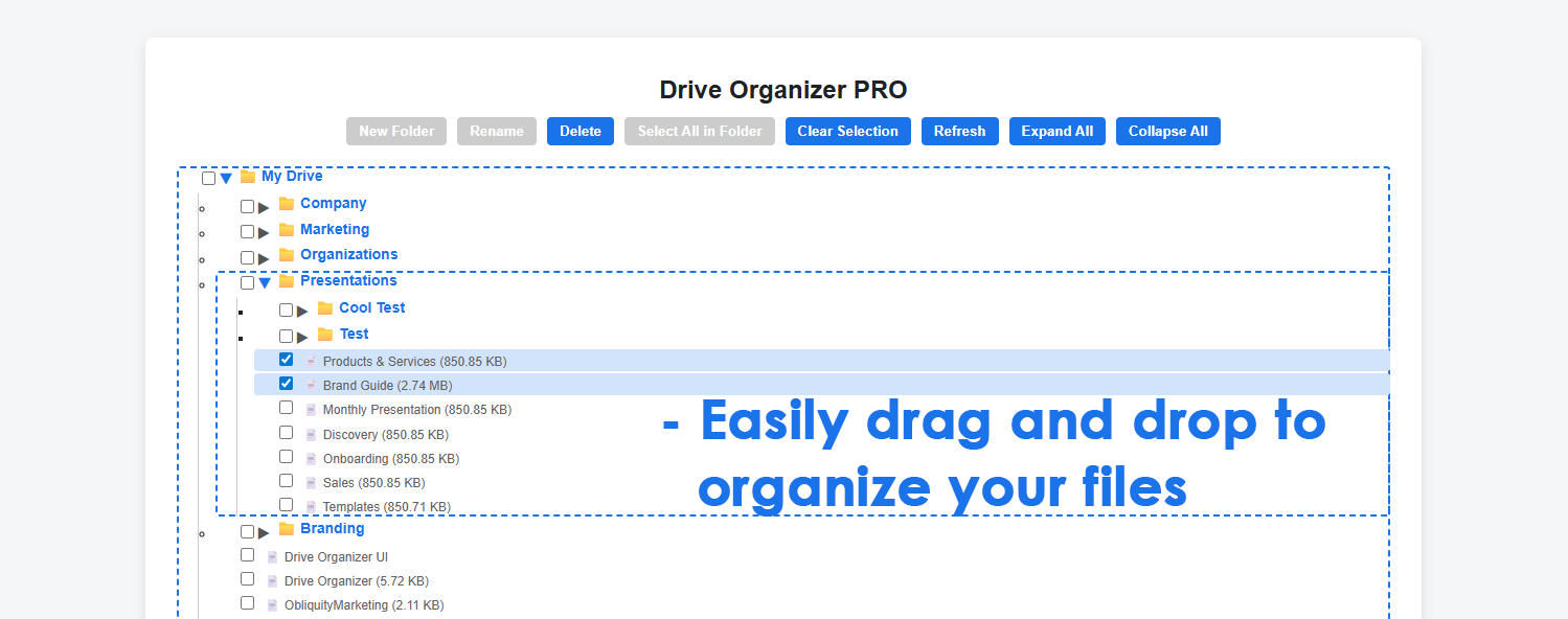 Drag and drop to organize files in Drive Organizer Pro
