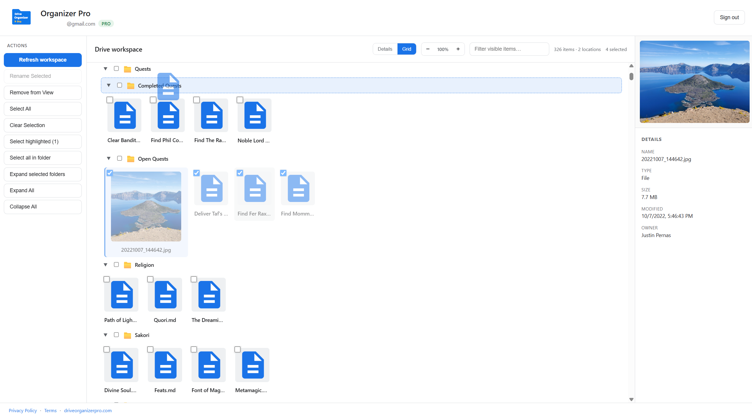 Drive Organizer Pro grid view with file previews