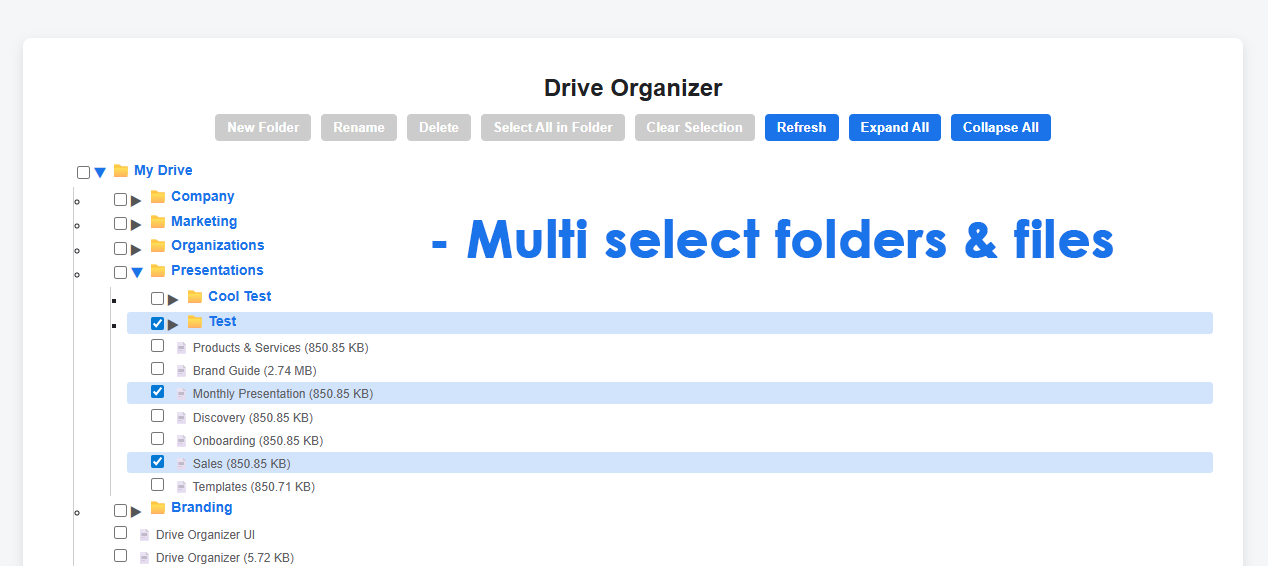 Multi-select folders and files in the tree