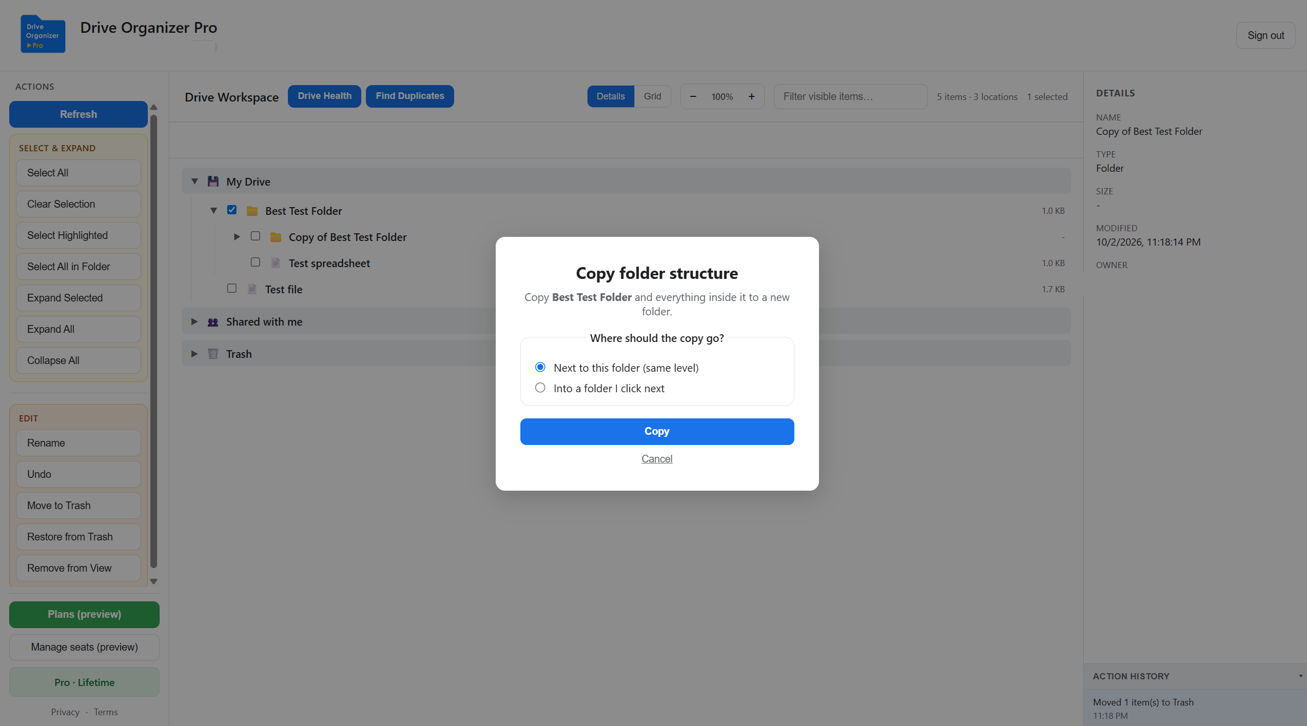 Copy folder dialog in Drive Organizer Pro: copy a folder and everything inside it next to this folder or into a folder you click next
