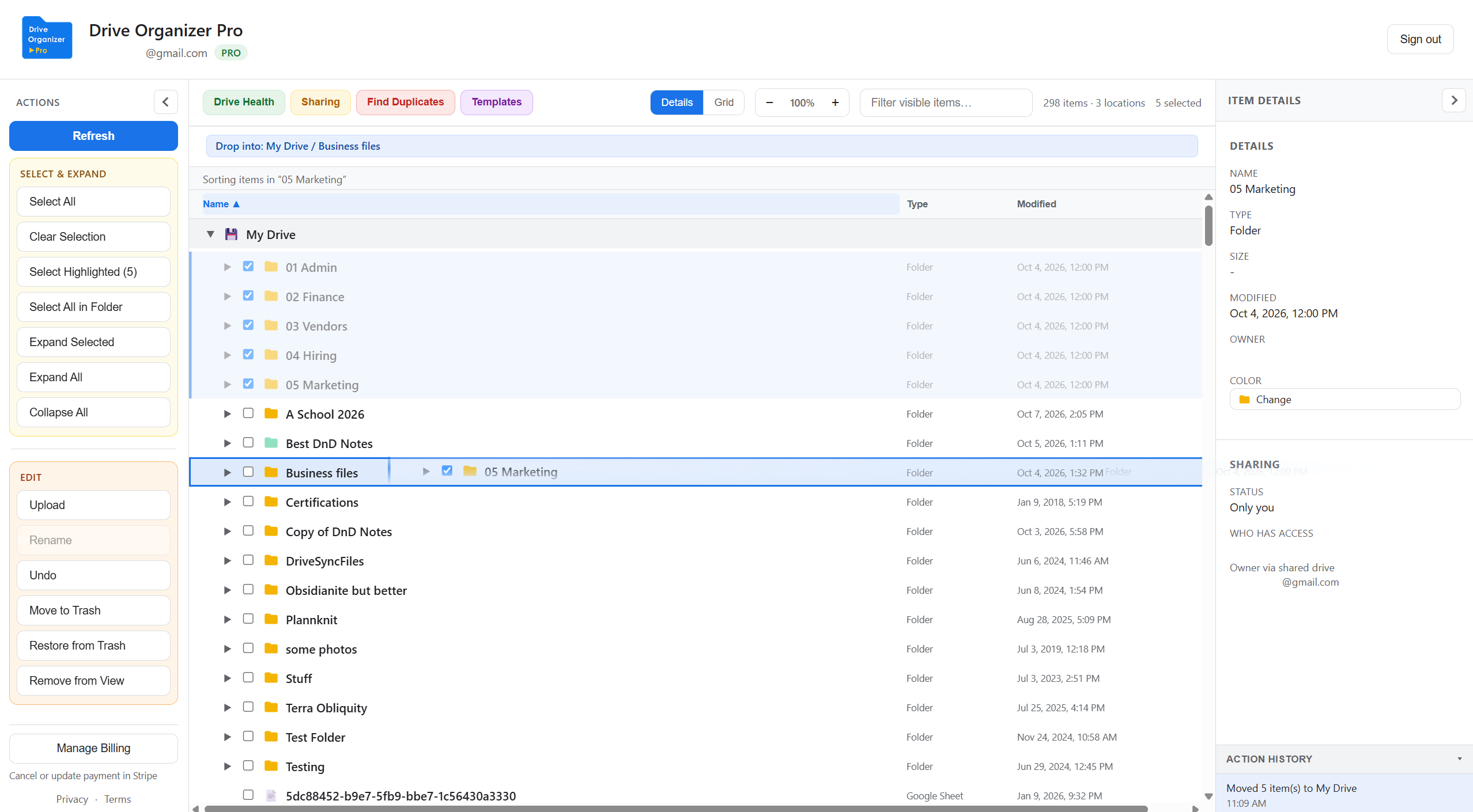 Drive Organizer Pro tree with five folders selected and a drop target of My Drive / Business files