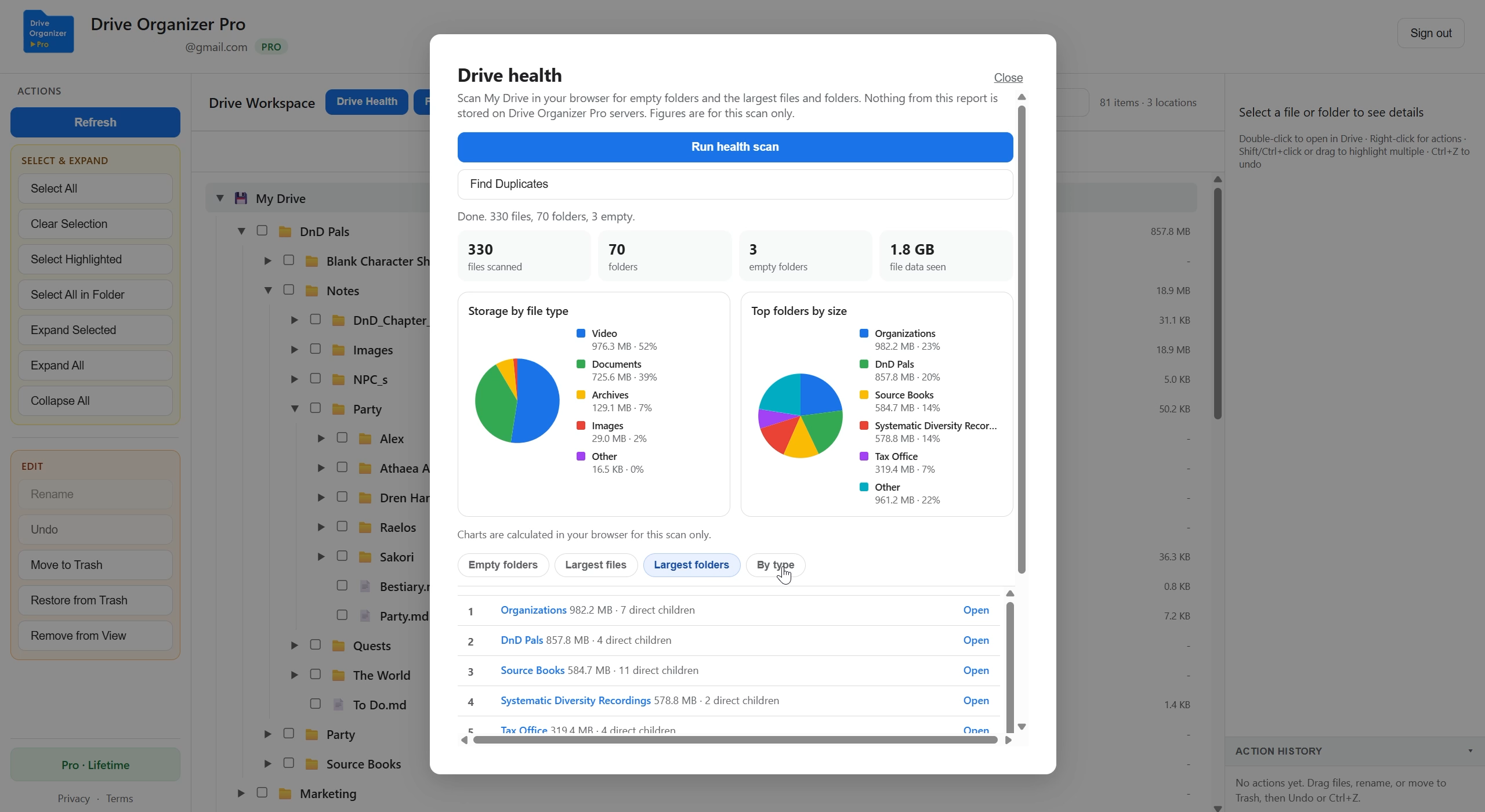 Drive health scan showing empty folders and large files