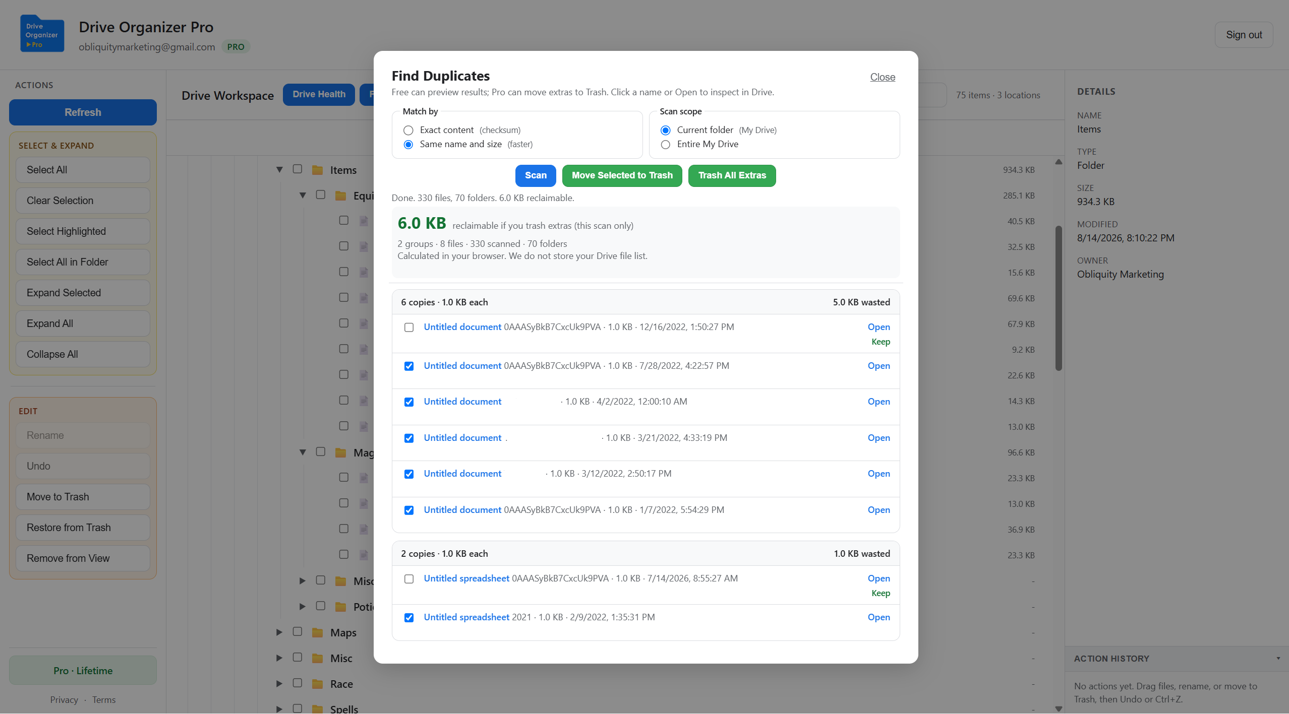 Find duplicates results with matching files in Drive Organizer Pro