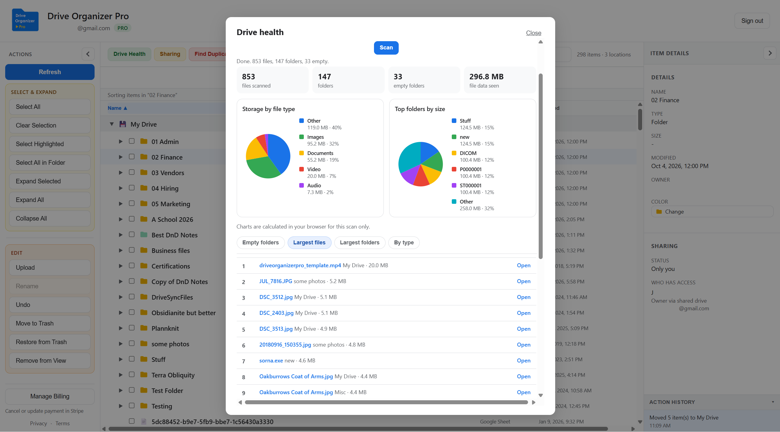 Drive health scan with Largest files selected, listing videos and photos by size
