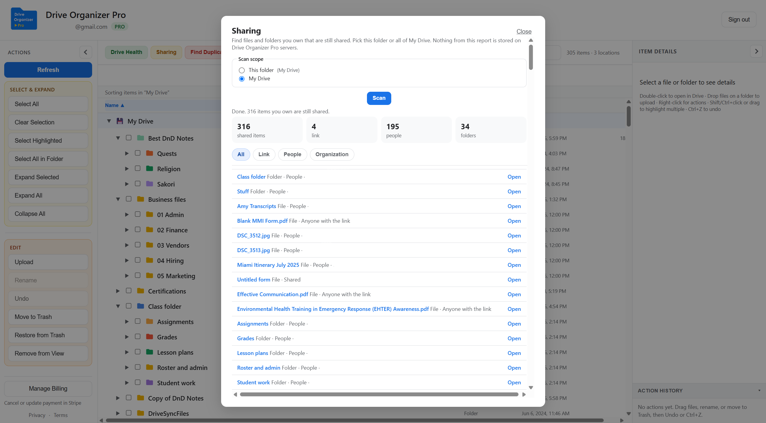 Sharing scan in Drive Organizer Pro: This folder or My Drive, counts for shared items, link, people, and folders, plus a list with Open